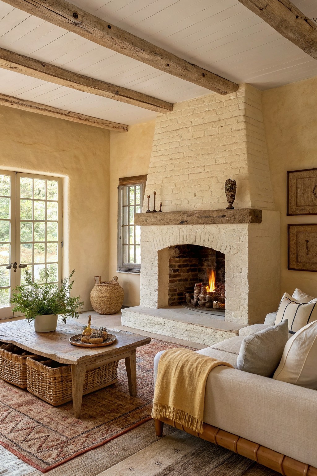 A living room with warm off-white walls and a painted brick fireplace.