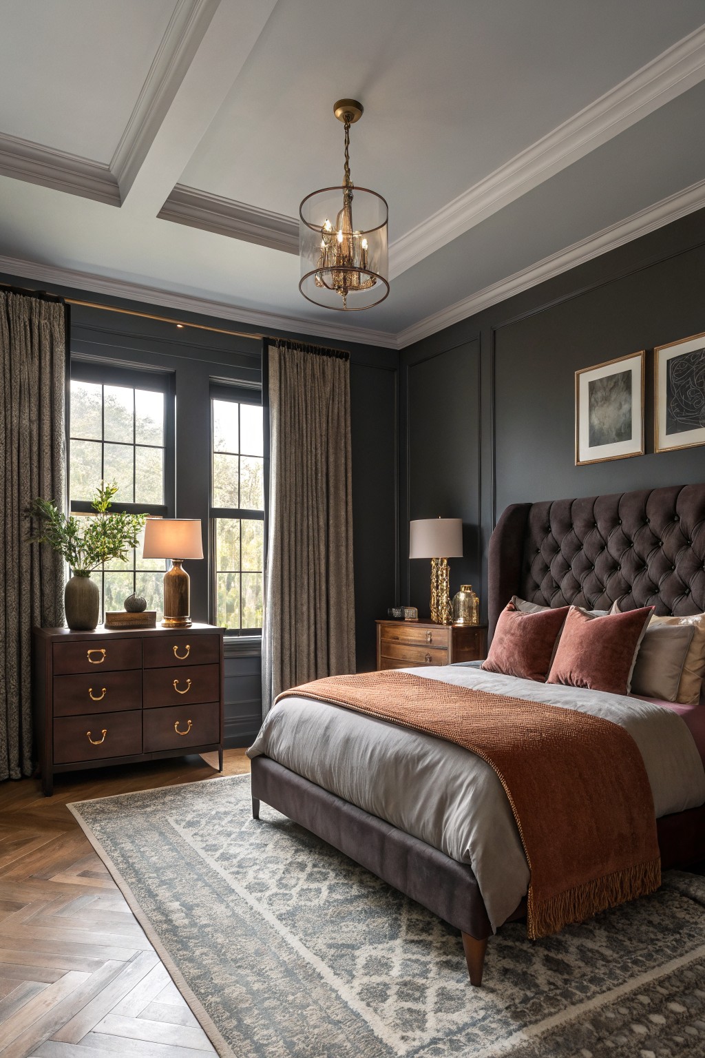 A bedroom with dark charcoal gray walls and a large upholstered bed.
