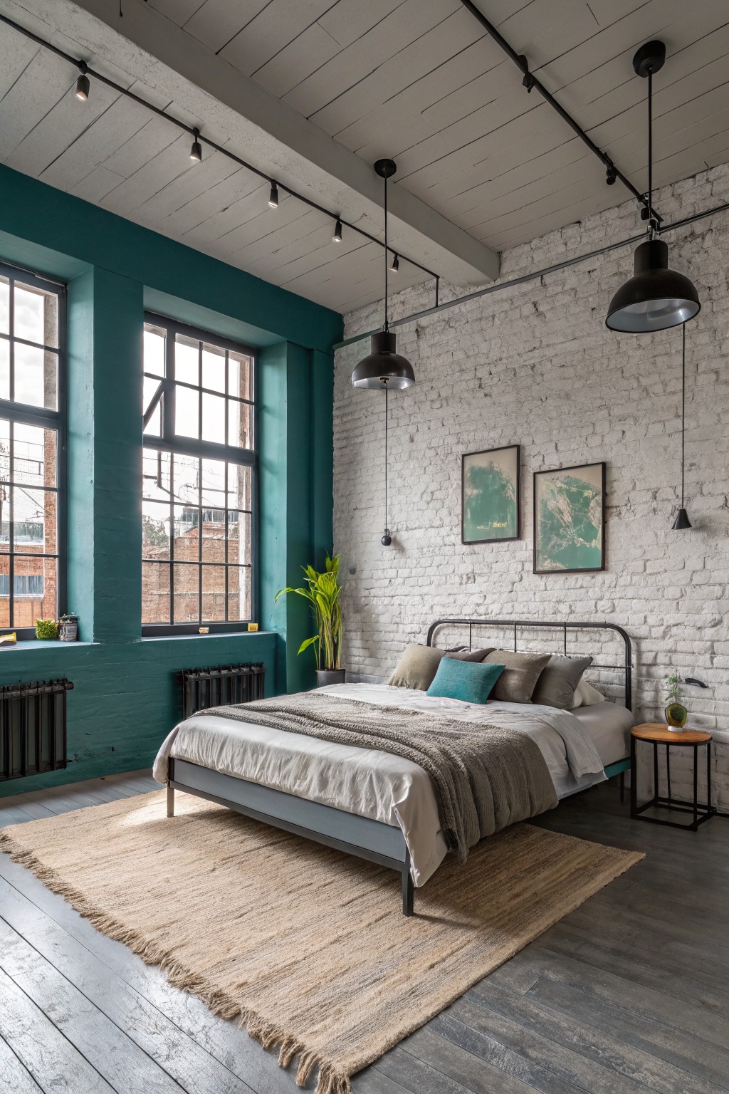 Deep teal walls in a bedroom with white brick and large windows.