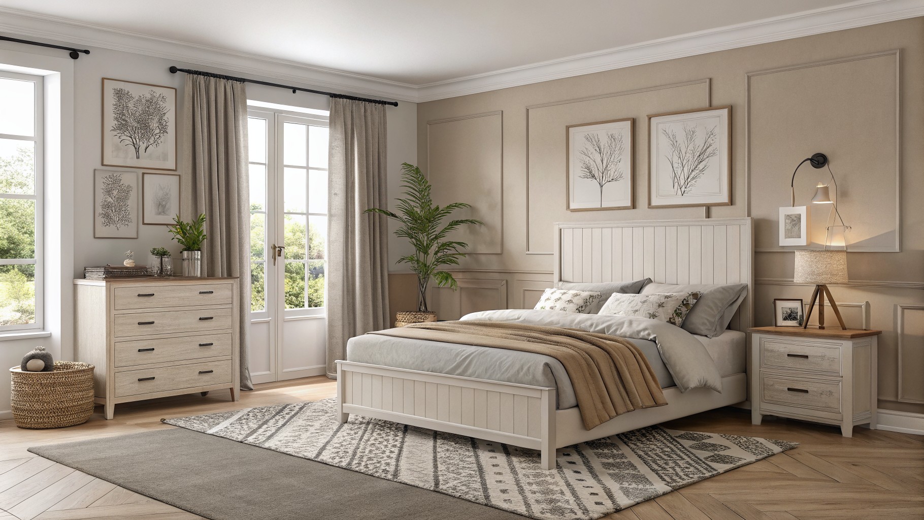 A bedroom with soft greige walls and light wood flooring.