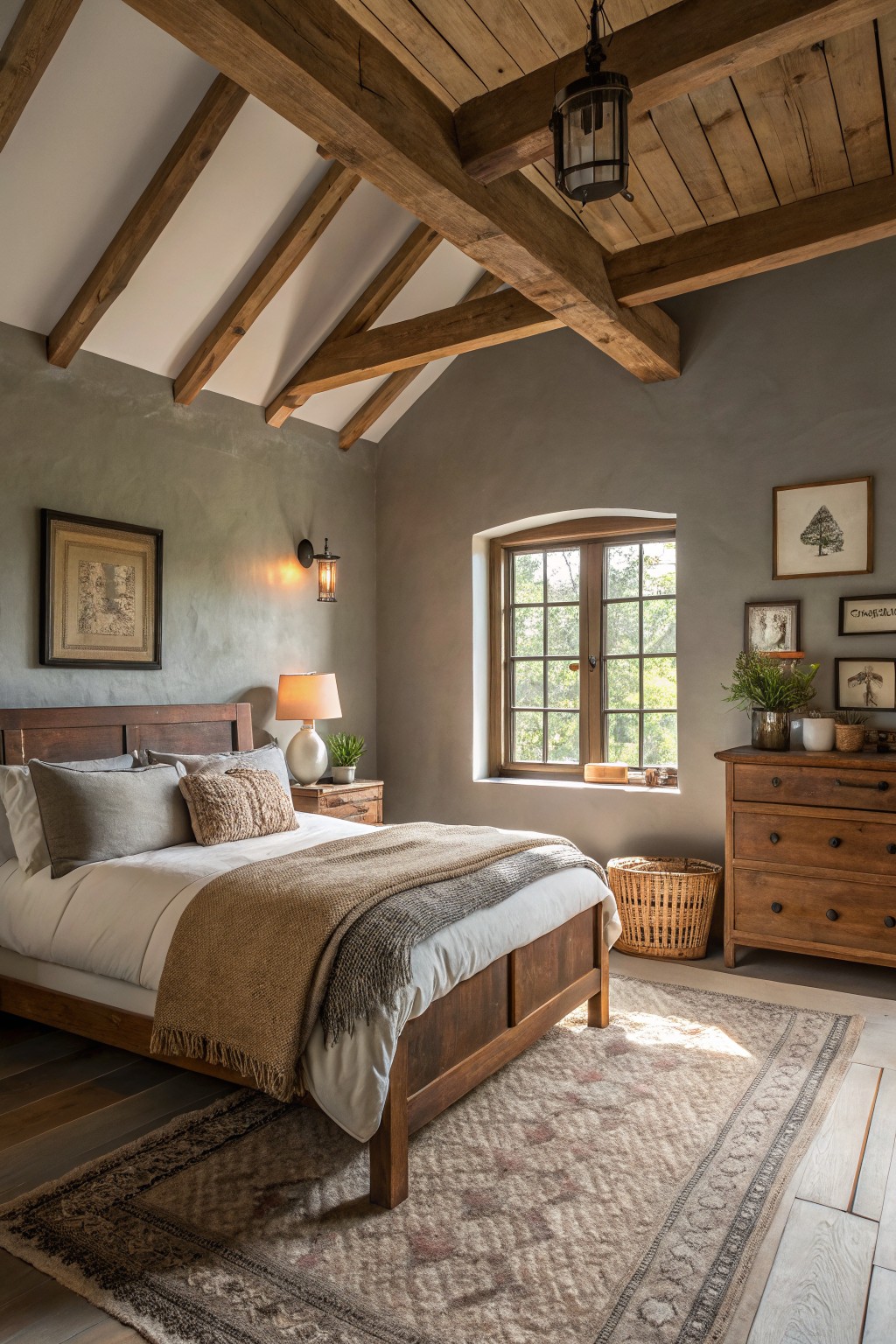 Bedroom walls painted in a soft muted gray-green tone next to wood ceiling beams.
