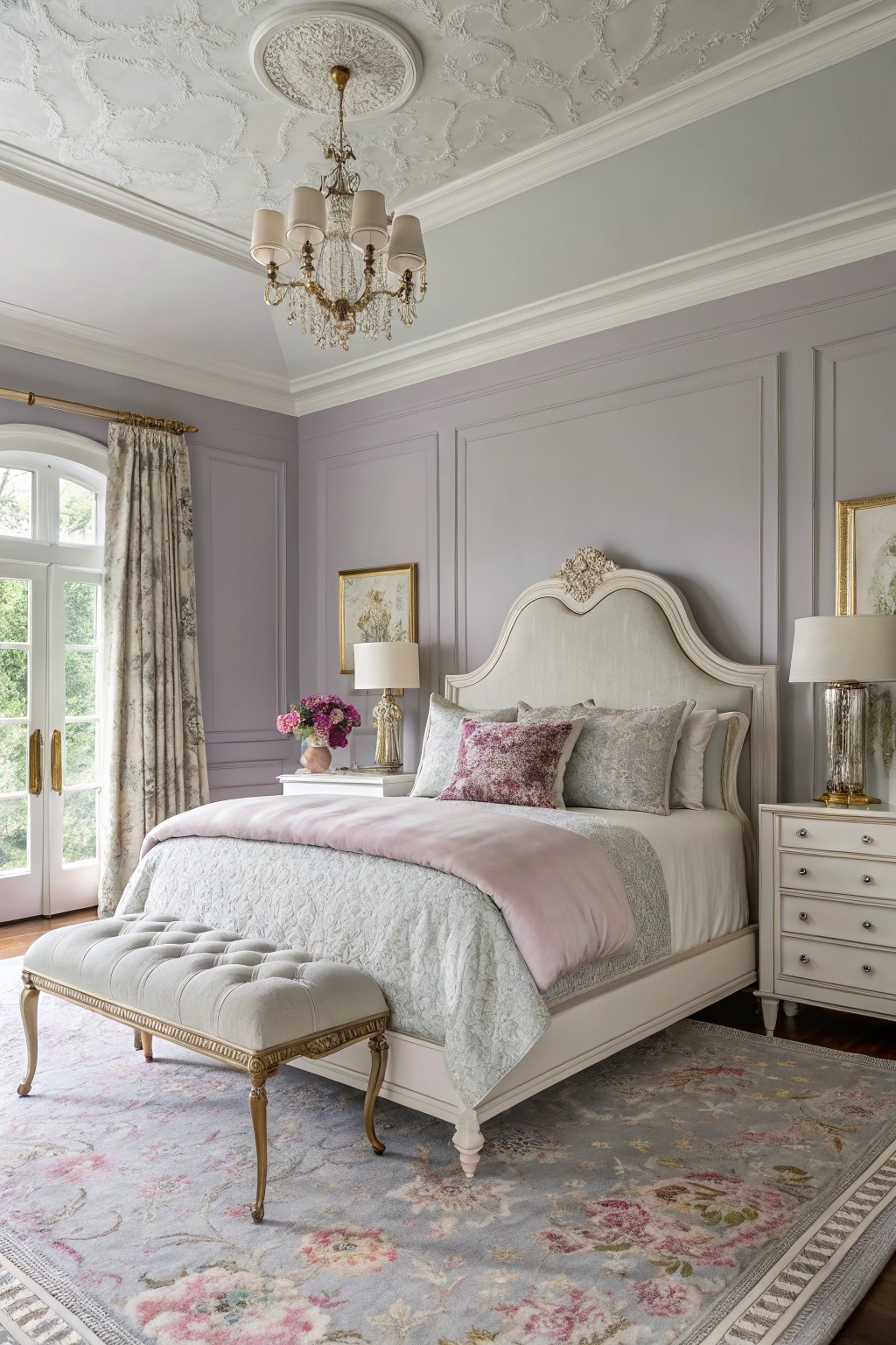 A bedroom with muted lavender gray walls and white trim.