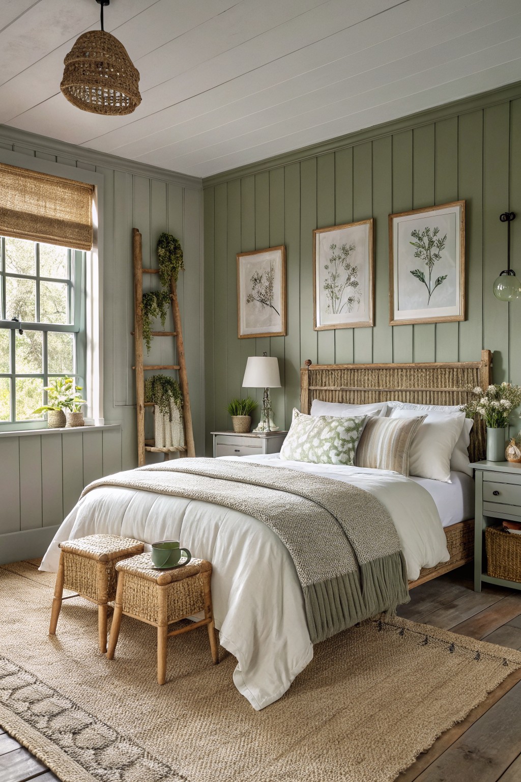 Bedroom walls painted in a muted sage green with a wooden bed frame.