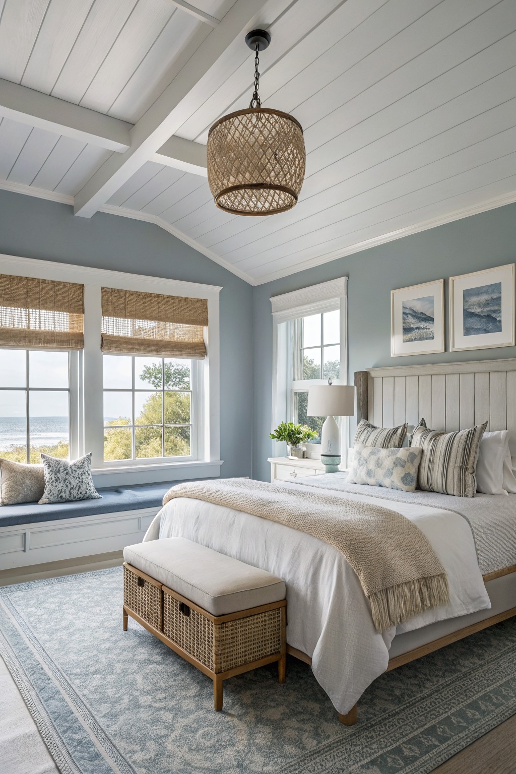 Bedroom walls painted in a soft blue gray with white trim around the windows.