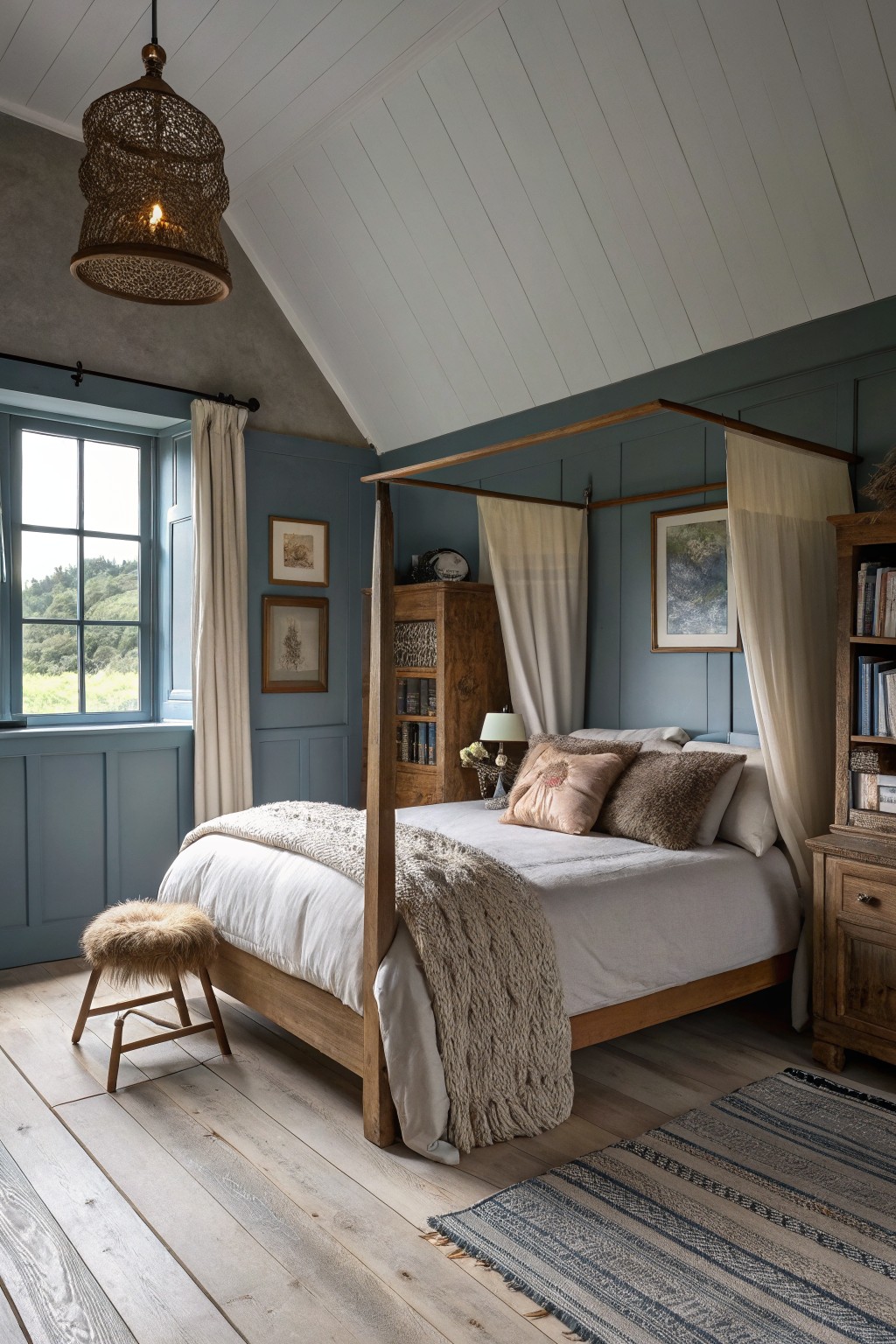 Cozy four-poster bed in blue-walled bedroom with woven lamp and fur stool.