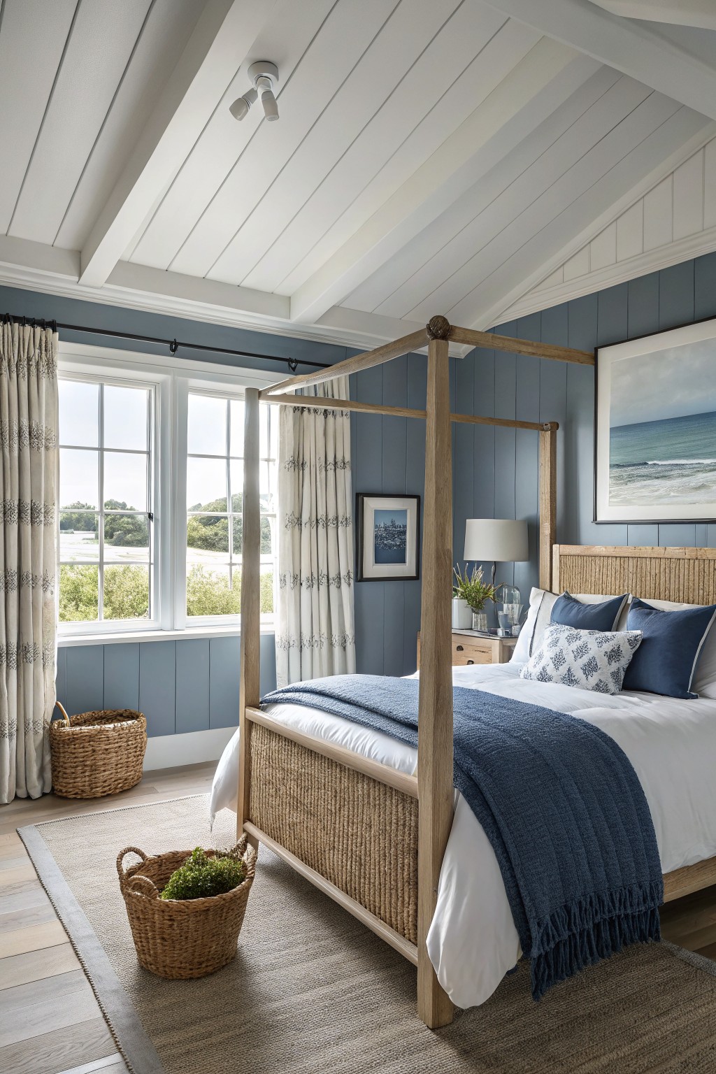 Bedroom walls painted in a soft blue gray with white trim and wood furniture.