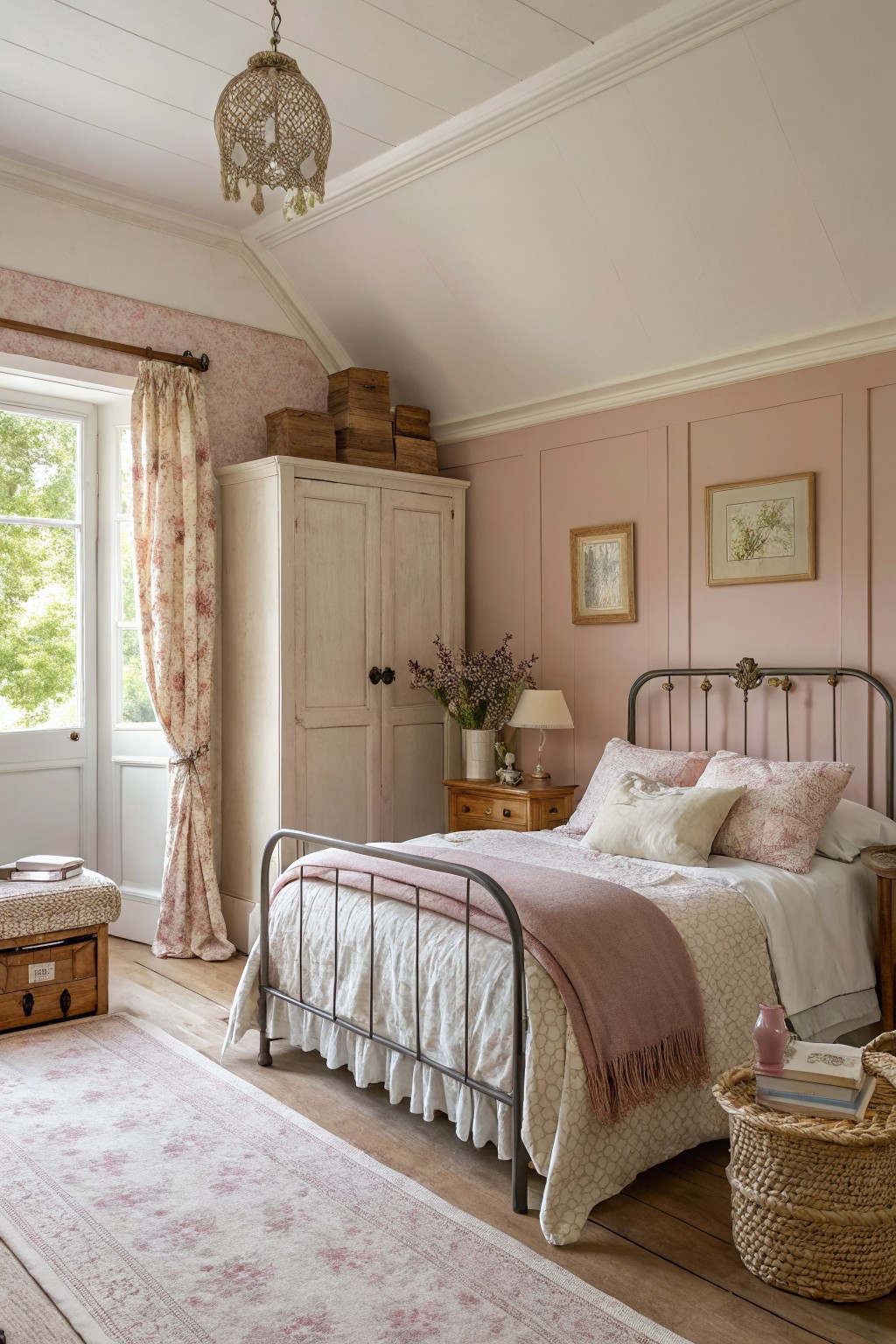 Bedroom with soft blush pink walls and white trim.