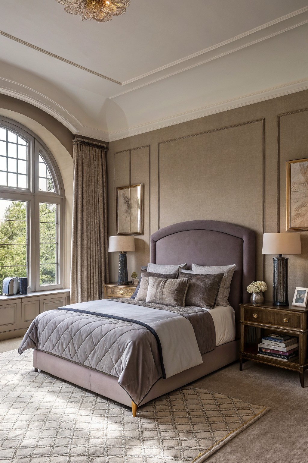 Bedroom with soft greige walls and a large upholstered bed.