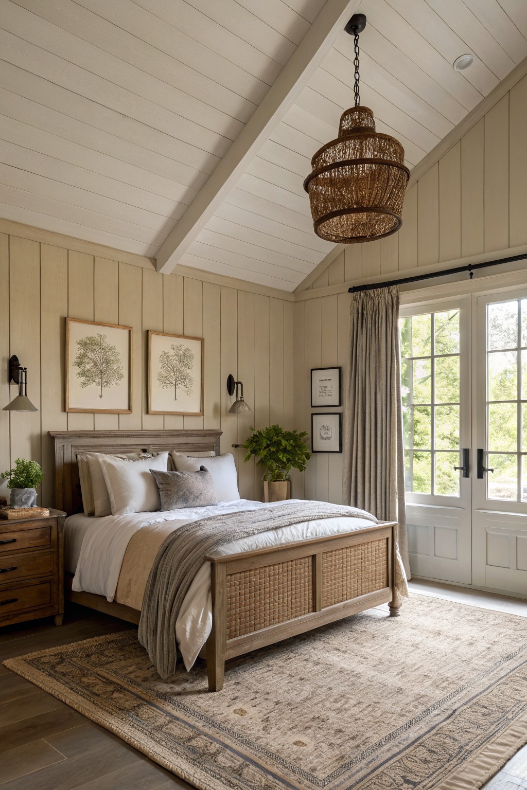 Light greige walls in a bedroom with wood furniture and white trim.