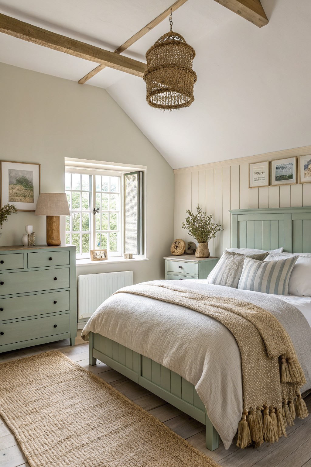A bedroom featuring soft sage green painted bed frame and dresser against neutral walls.