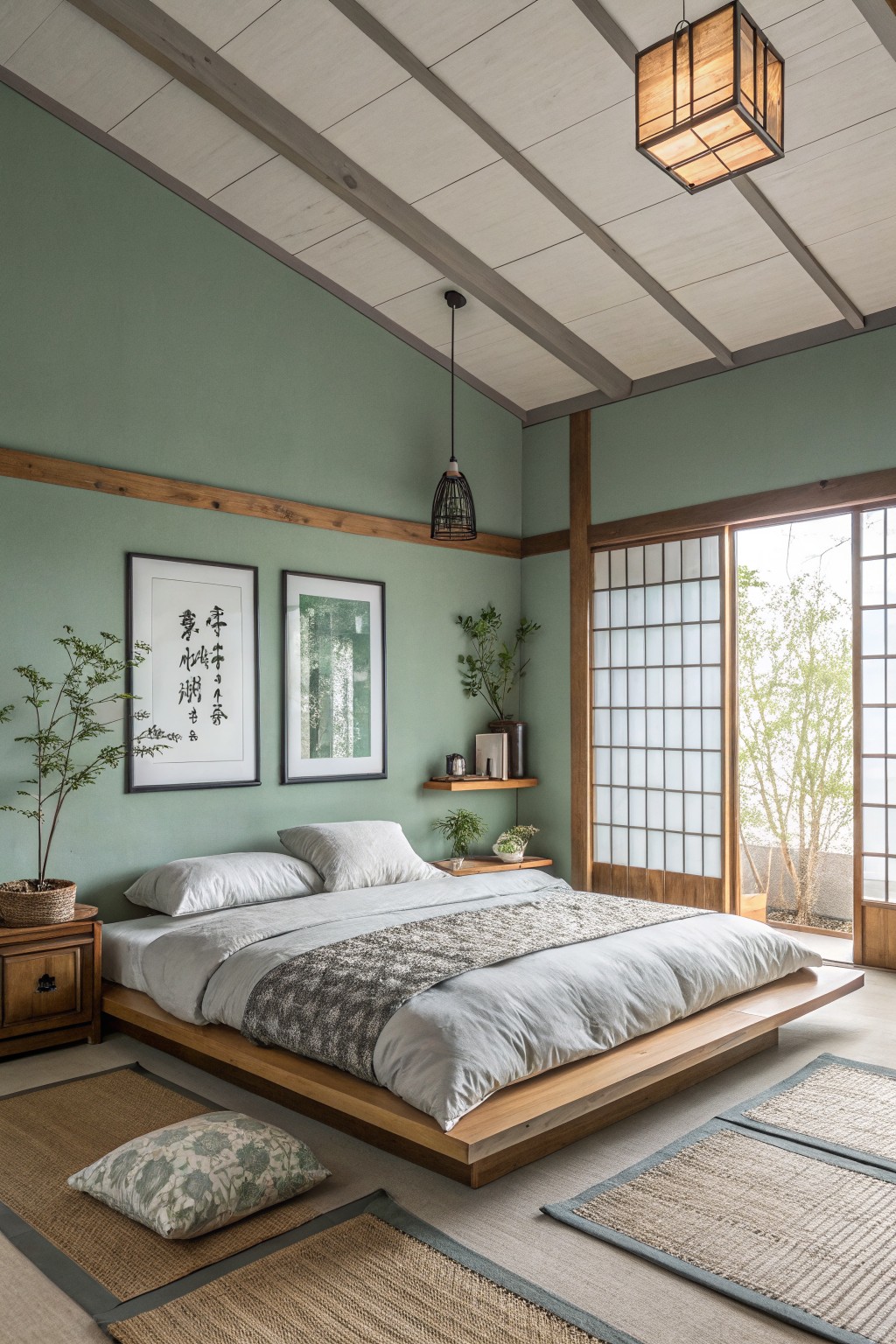 Bedroom walls painted in a soft sage green with wood trim and natural light from a sliding door.
