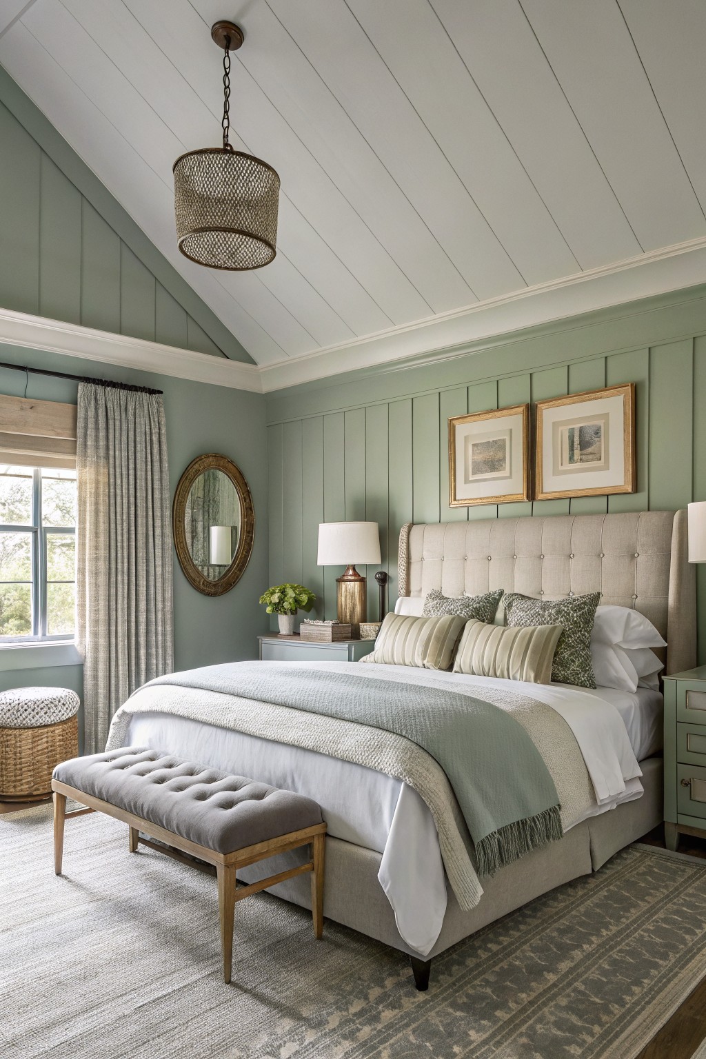Bedroom with walls painted in a soft sage green.