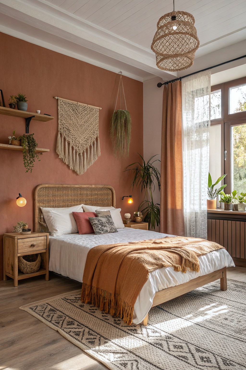 Bedroom with warm terracotta walls and wood furniture.