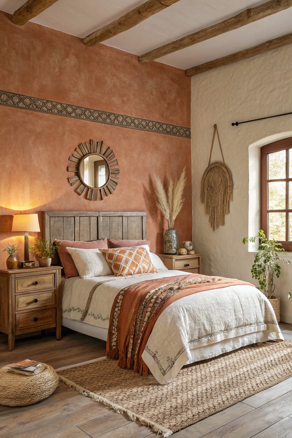 Warm terracotta walls in a bedroom with exposed wood beams.