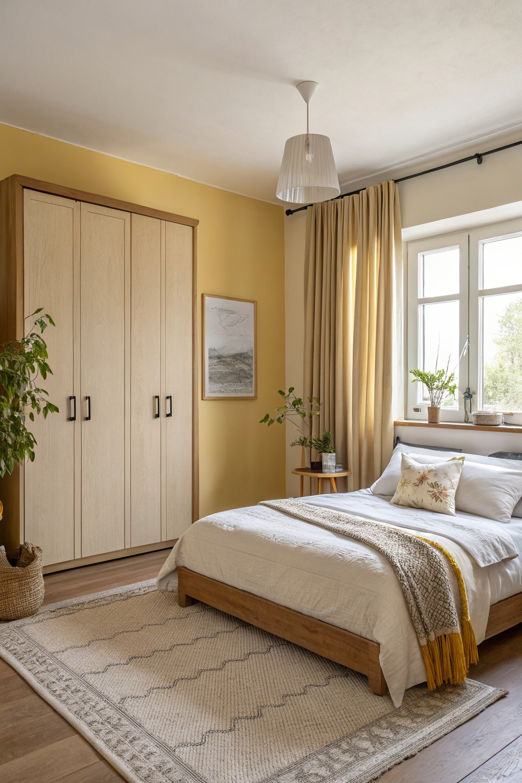 A bedroom with soft yellow walls and a light wood wardrobe.