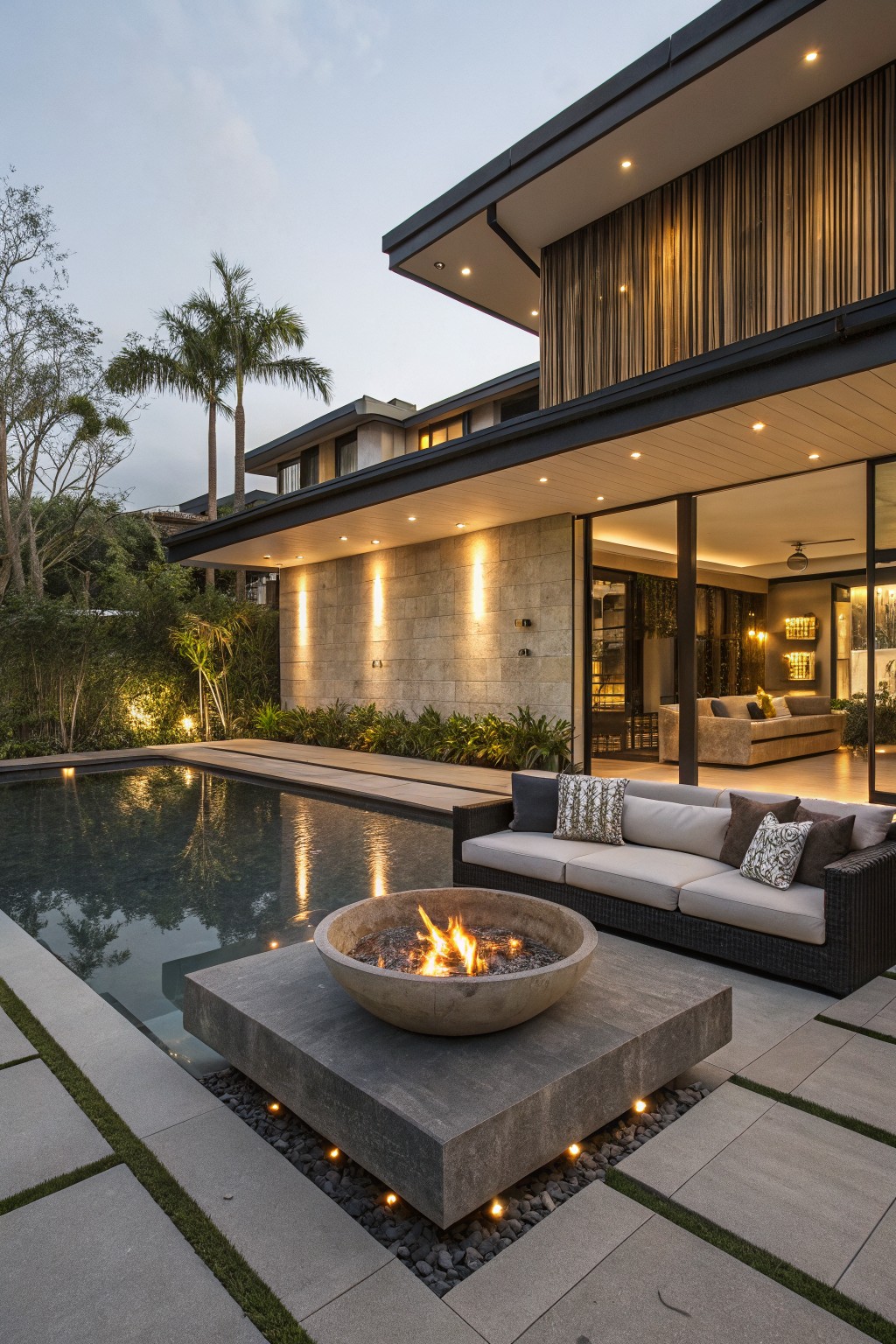 A modern outdoor patio with a concrete fire pit set on a paved area beside a swimming pool, surrounded by cushioned seating and connected to an open house interior.