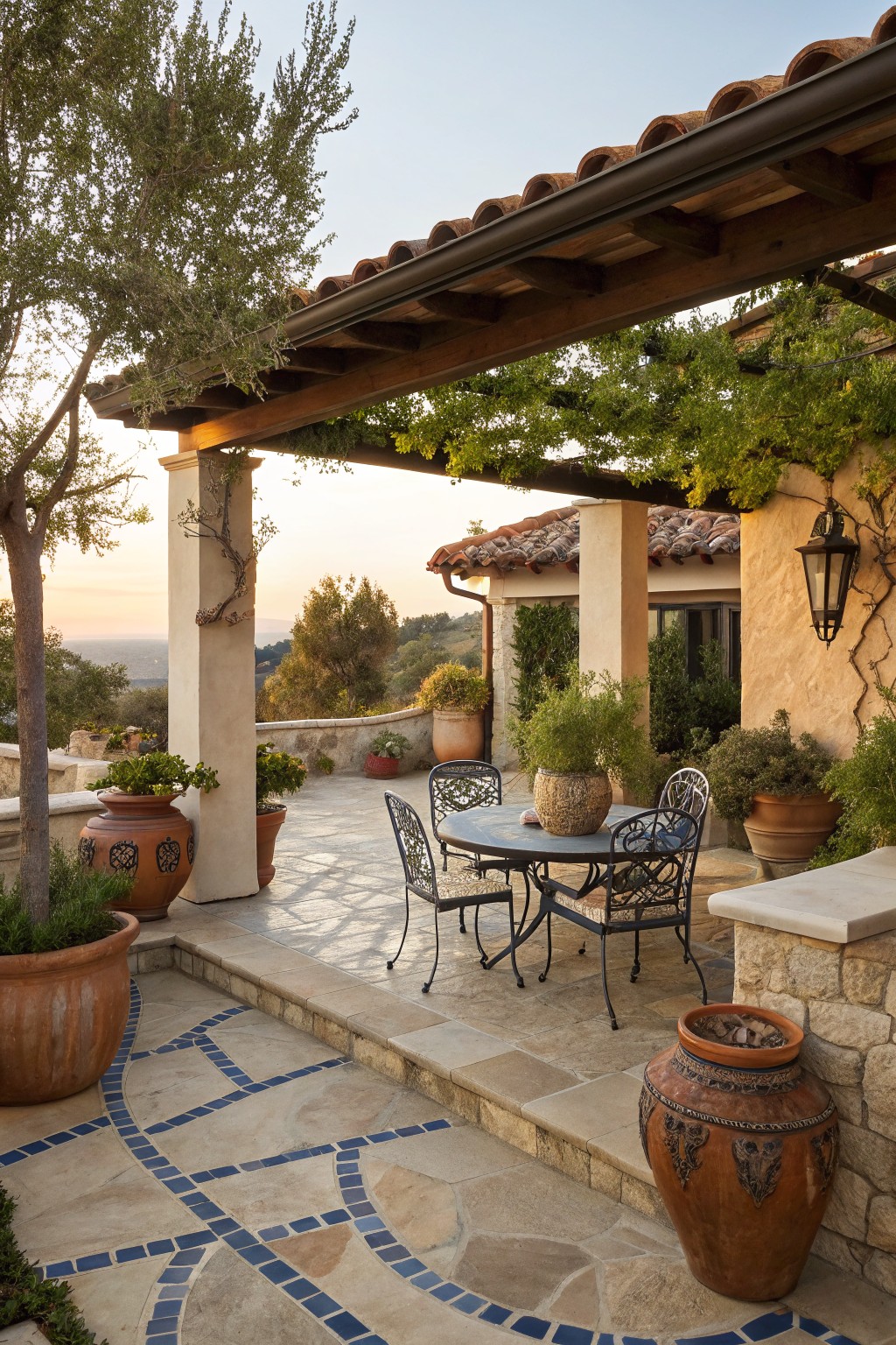 A stone patio under a wooden pergola with a round metal dining table and chairs, large terracotta pots, and climbing vines on the beams.