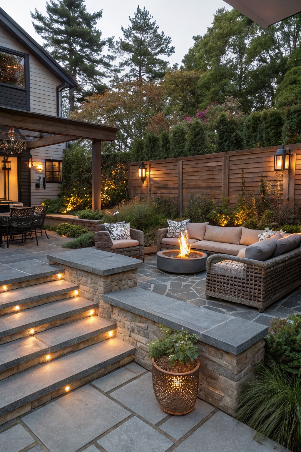 A backyard patio featuring a round fire pit centered between a large sectional sofa and wicker chairs, with stone steps, wooden fencing, and landscape lighting.