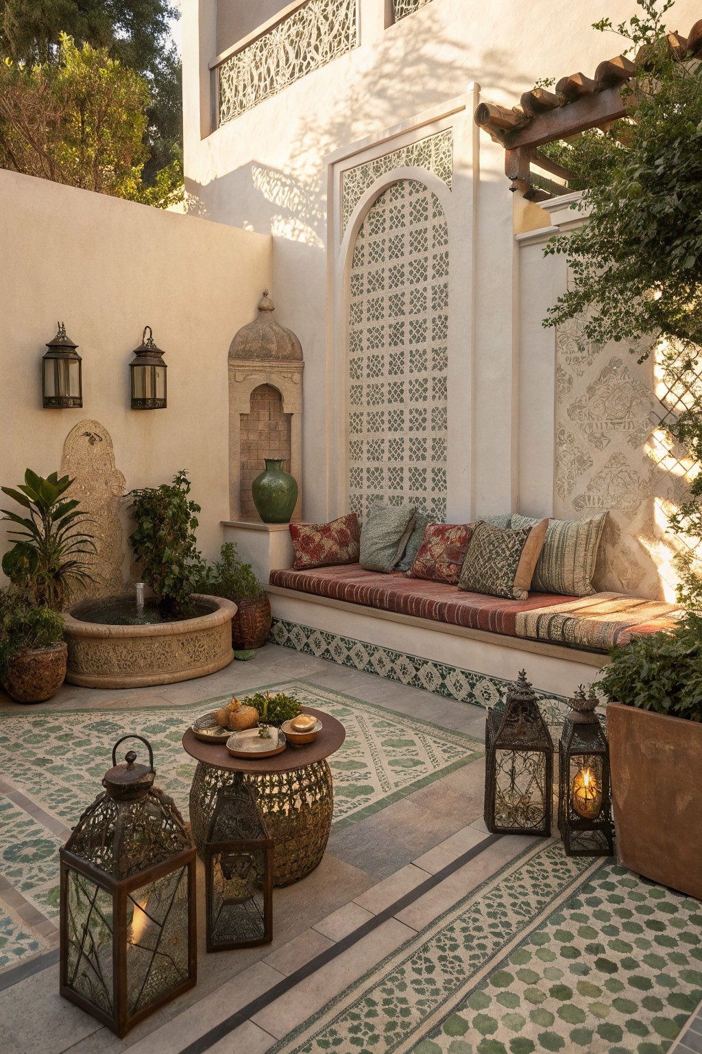 A sunlit courtyard patio featuring a long built-in bench with colorful cushions, surrounded by lanterns, potted plants, and patterned rugs on tiled flooring.