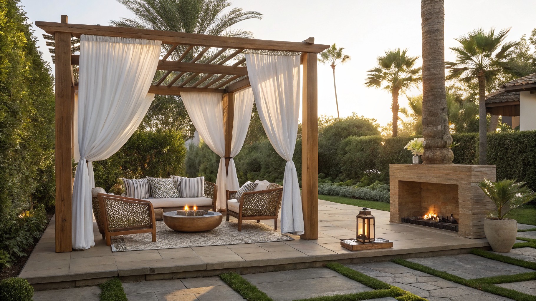 A wooden pergola with white curtains over a cushioned bench and woven chair on a stone patio, surrounded by palm trees and greenery.
