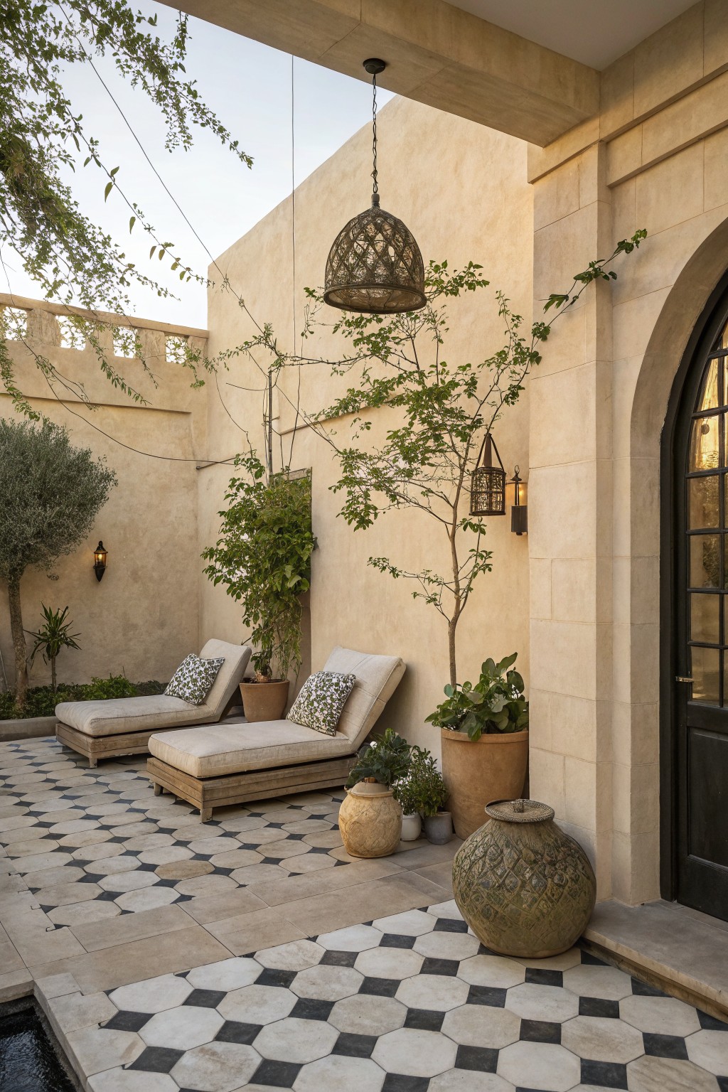 A backyard patio featuring a large geometric tile floor in black, white, and beige tones, with two lounge chairs, large clay pots, and hanging lanterns against a stucco wall.