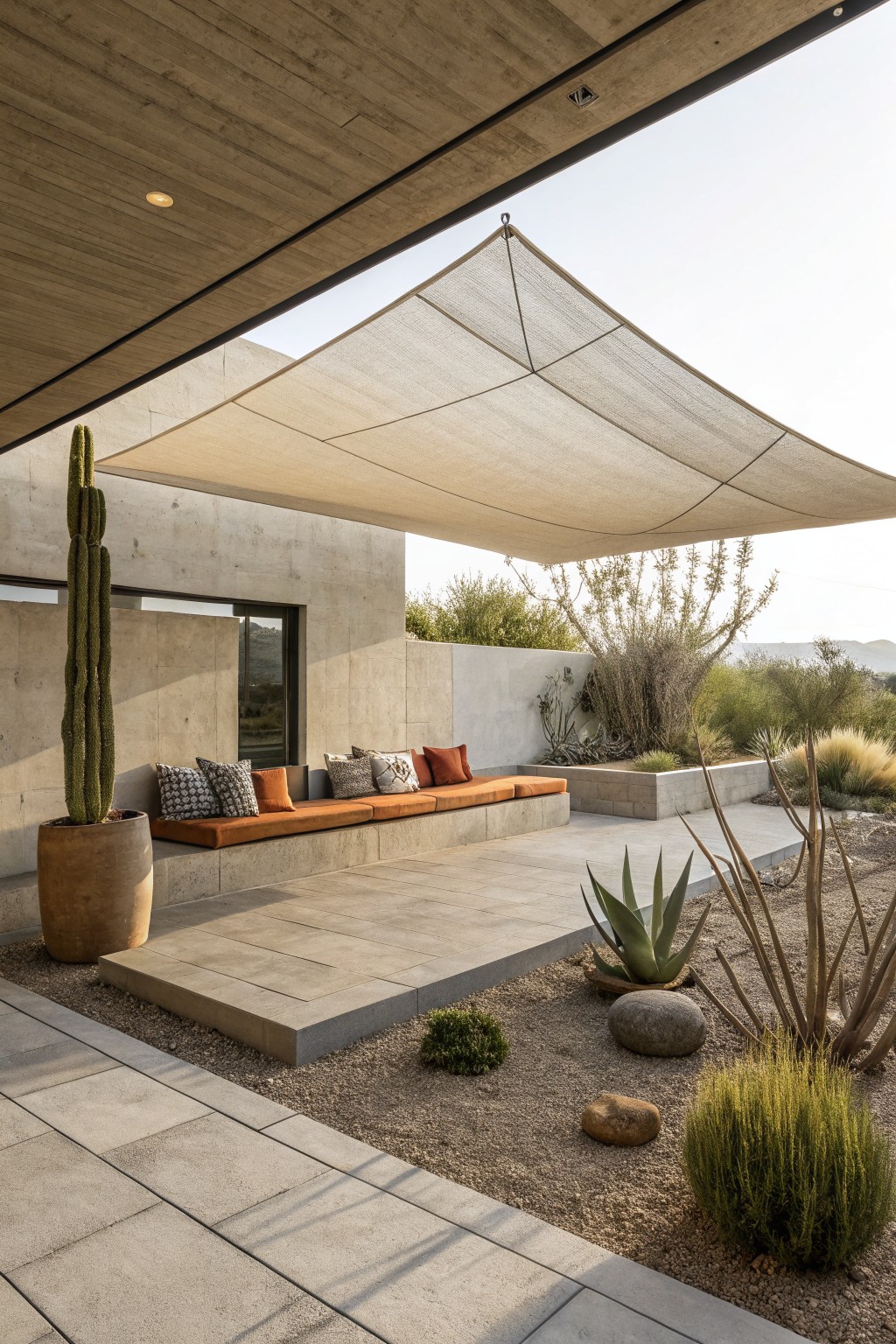 An outdoor concrete patio with built-in bench seating, orange cushions, a large beige shade sail overhead, and desert plants in gravel.