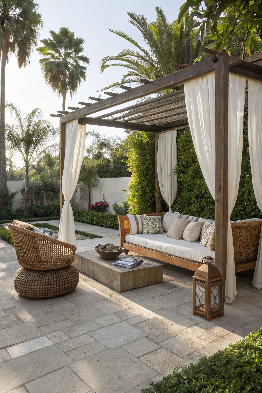 A wooden pergola with white curtains over a cushioned bench and woven chair on a stone patio, surrounded by palm trees and greenery.