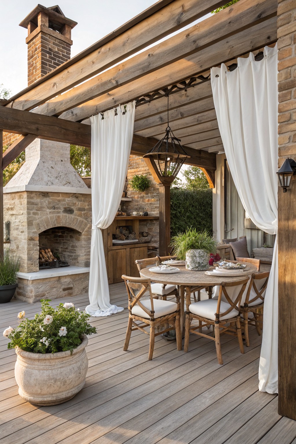 A wooden pergola with white curtains over a round outdoor dining table on a deck next to a stone fireplace.