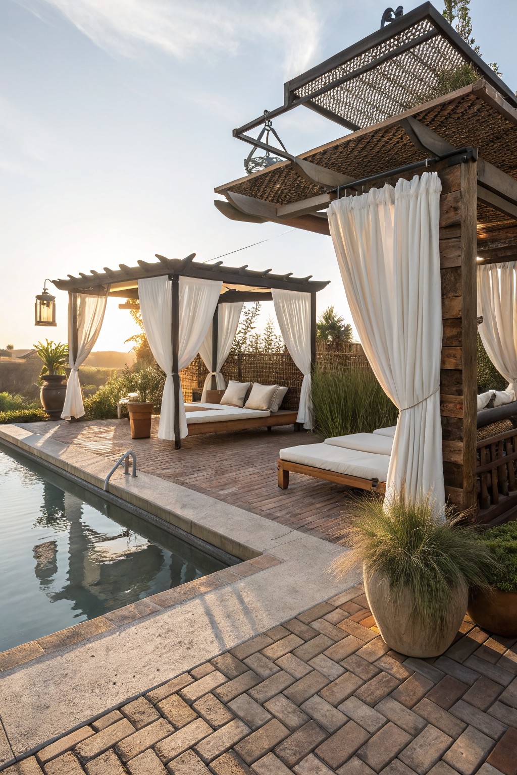 A backyard poolside area with wooden pergolas and cabanas draped in white curtains, lounge daybeds, brick paving, and potted plants.