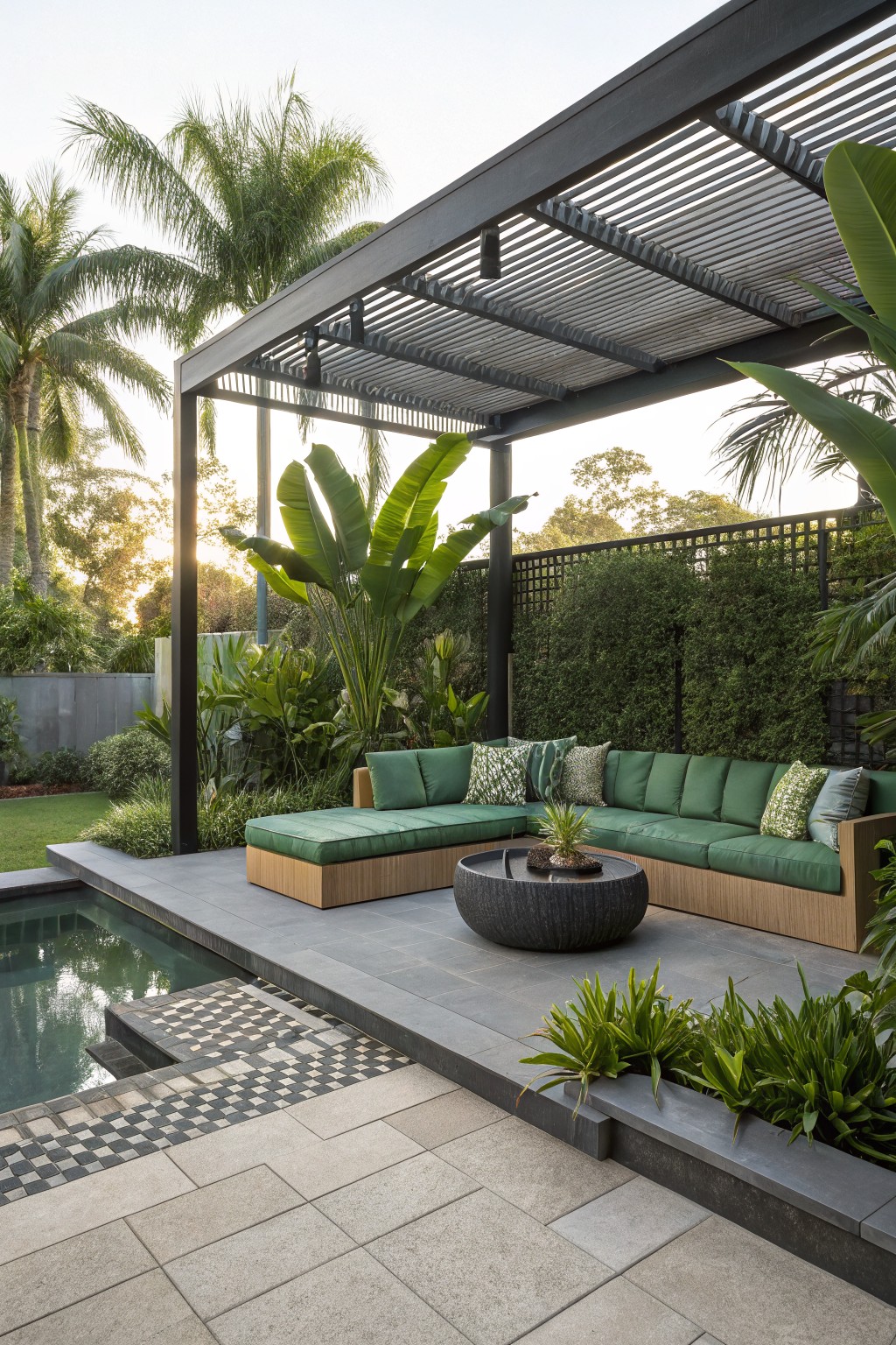 A modern dark pergola shades a large L-shaped green sectional sofa on a stone patio beside a pool, surrounded by tropical plants and greenery.