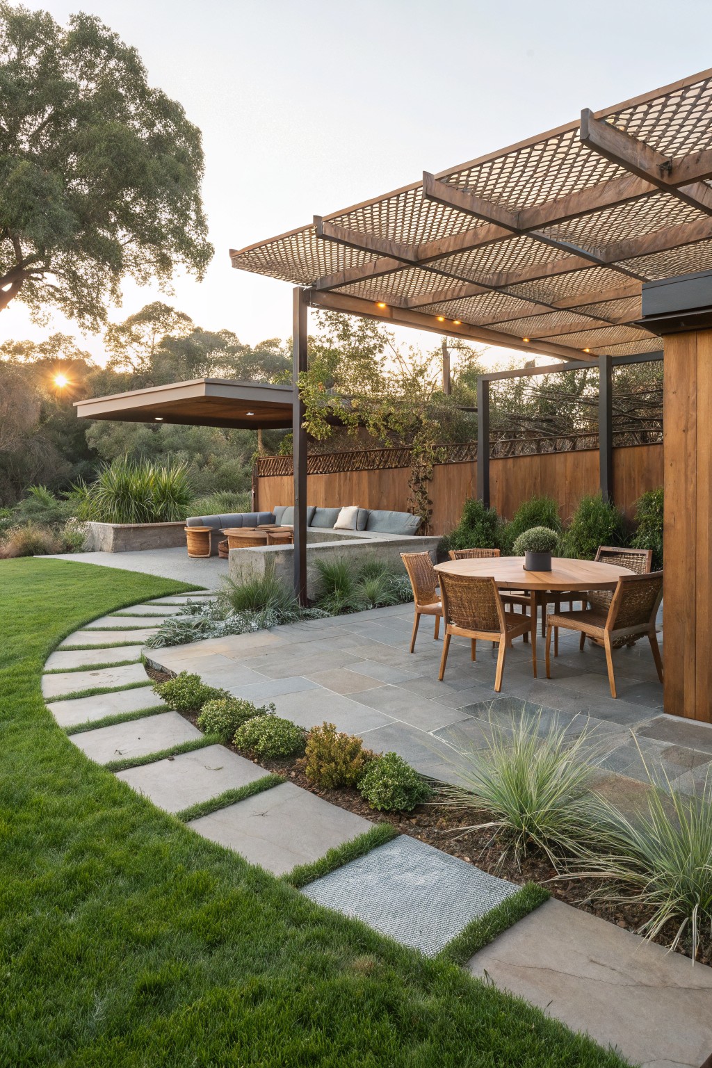 A backyard patio featuring a wooden pergola over a round dining table with woven chairs, a nearby lounge seating area, and stone pavers leading to a lawn.
