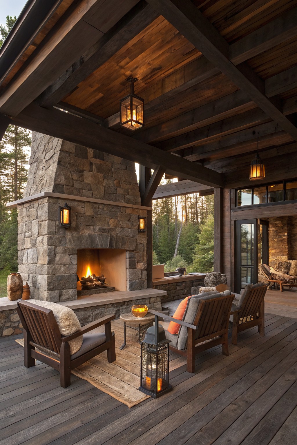 Cozy wooden deck with stone fireplace, armchairs, lanterns, and forest view.