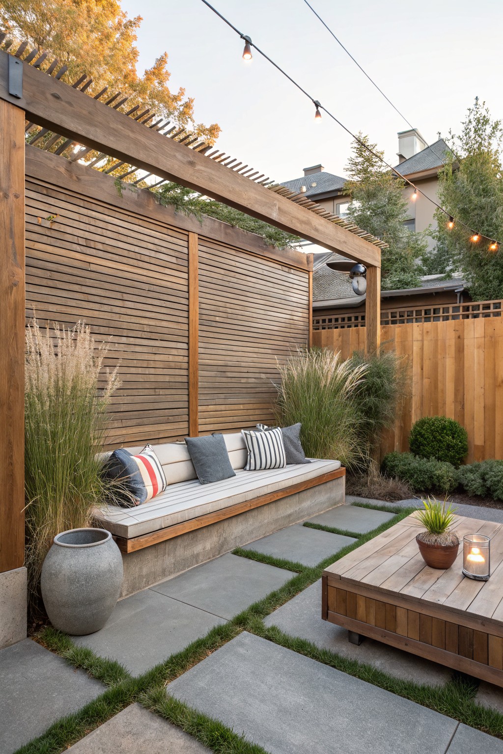 A backyard patio with a horizontal slatted wooden privacy wall, built-in bench with cushions, potted plants, and a wooden table on stone pavers.