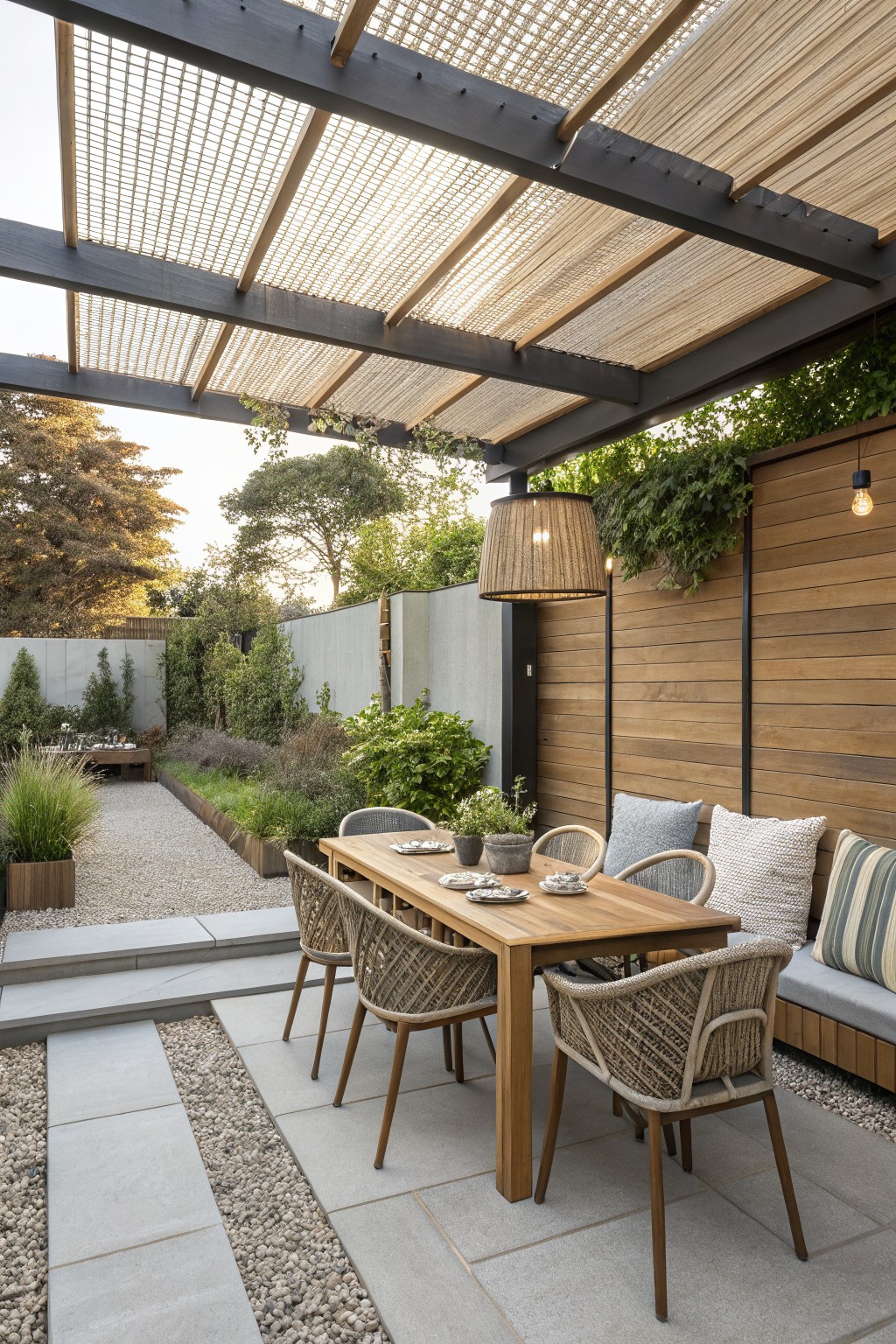Outdoor patio with wooden dining table, woven chairs, built-in bench with cushions, and overhead pergola against a vertical wood wall.
