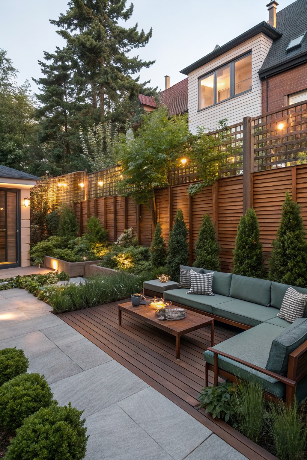 A backyard patio with wooden deck, green sectional sofa, coffee table, and tall wooden fence combining solid panels and lattice sections with string lights and surrounding trees.