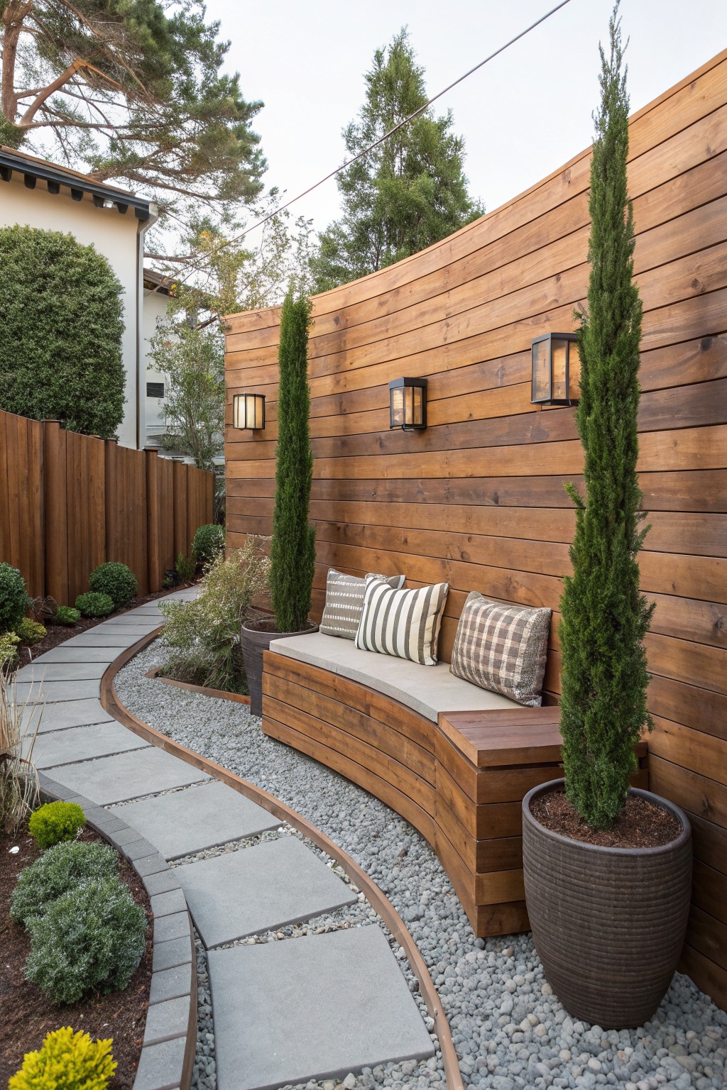 A curved wooden bench with cushions sits against a tall horizontal wood privacy fence in a small backyard with gravel and potted evergreen trees.
