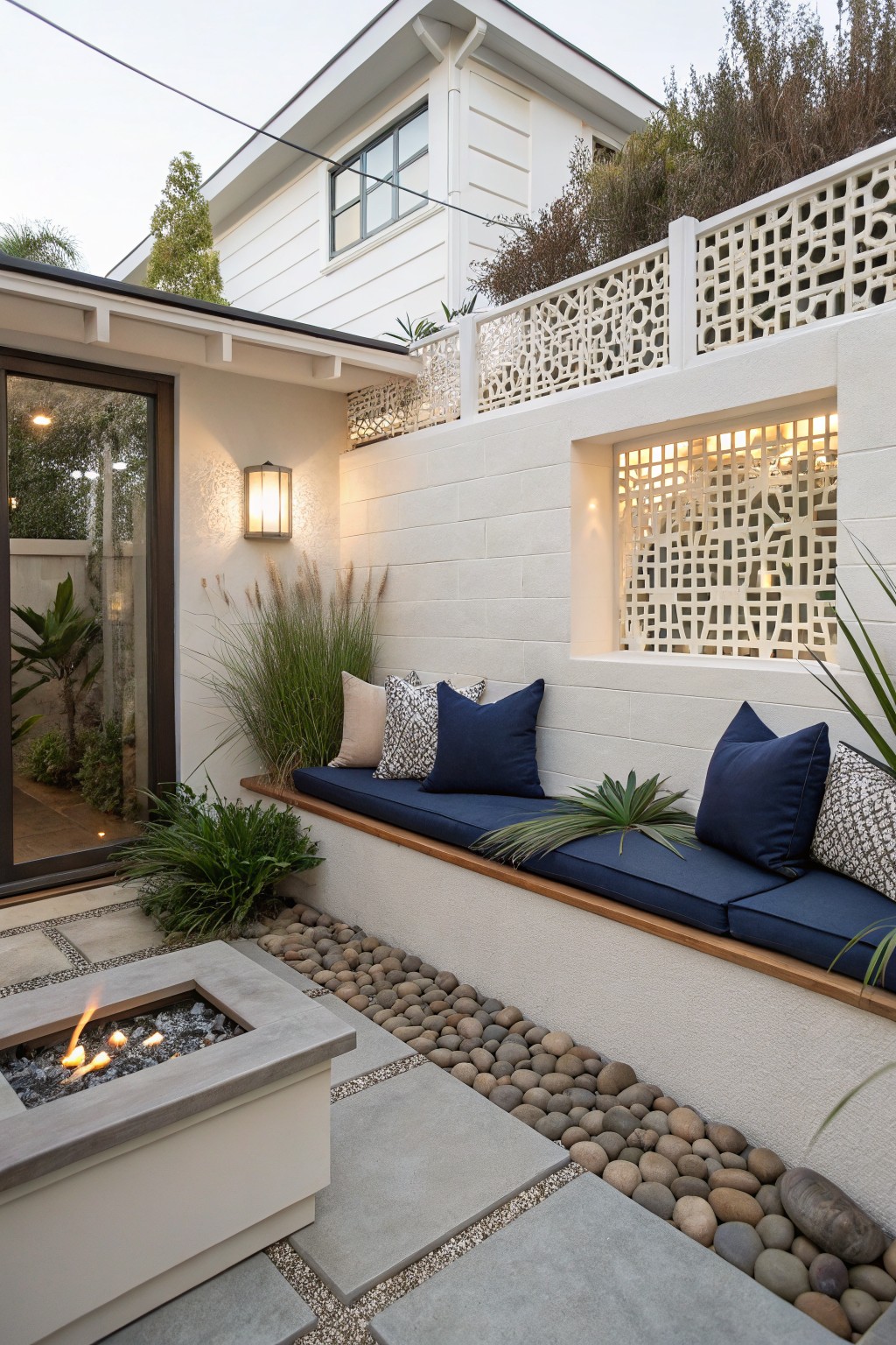 A small backyard patio with a built-in bench covered in blue cushions along a white block wall, decorative privacy screens above it, a concrete fire pit, and pebble ground cover.