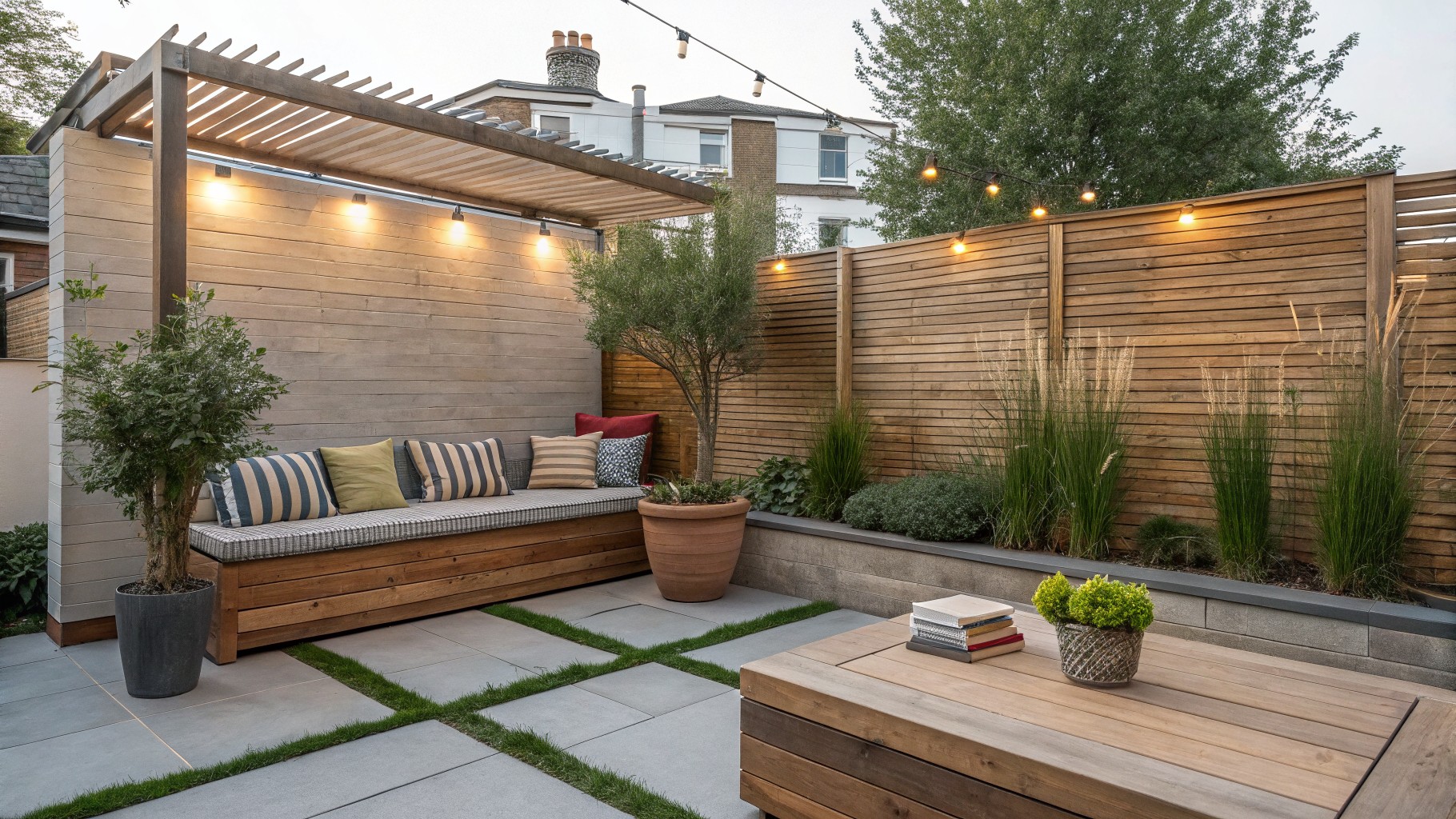 A backyard patio with a horizontal slatted wooden privacy wall, built-in bench with cushions, potted plants, and a wooden table on stone pavers.