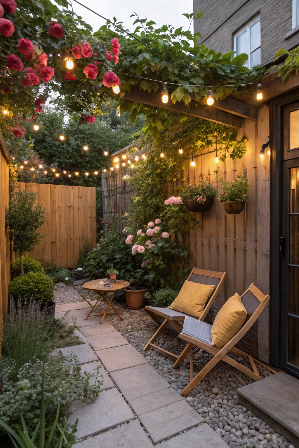 A compact backyard patio with two wooden deck chairs on gravel, string lights overhead, and dense climbing vines covering a wooden fence and pergola structure.