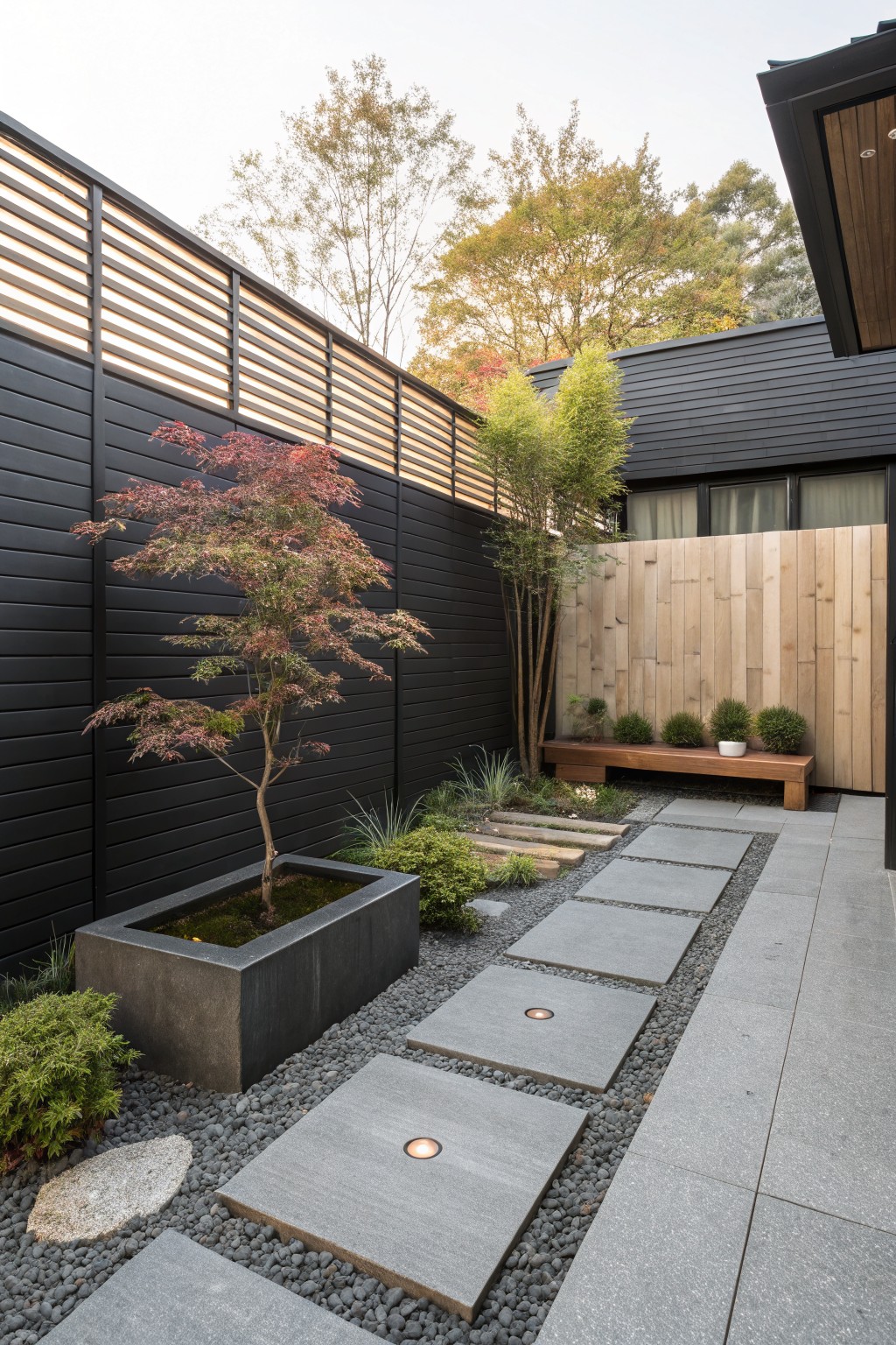 A compact backyard featuring a tall black slatted fence, gravel path with square stepping stones, and layered trees and shrubs including a Japanese maple in a concrete planter.