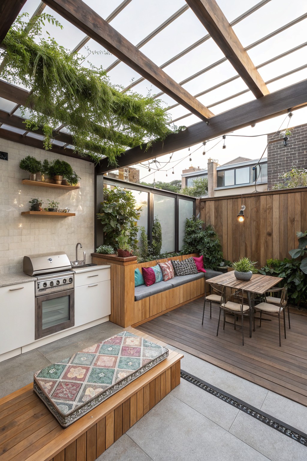 A compact backyard patio enclosed by a tall wooden fence with dense plants along its base, featuring built-in seating with colorful cushions, an outdoor kitchen, a wooden dining table, and a glass-roofed pergola overhead.