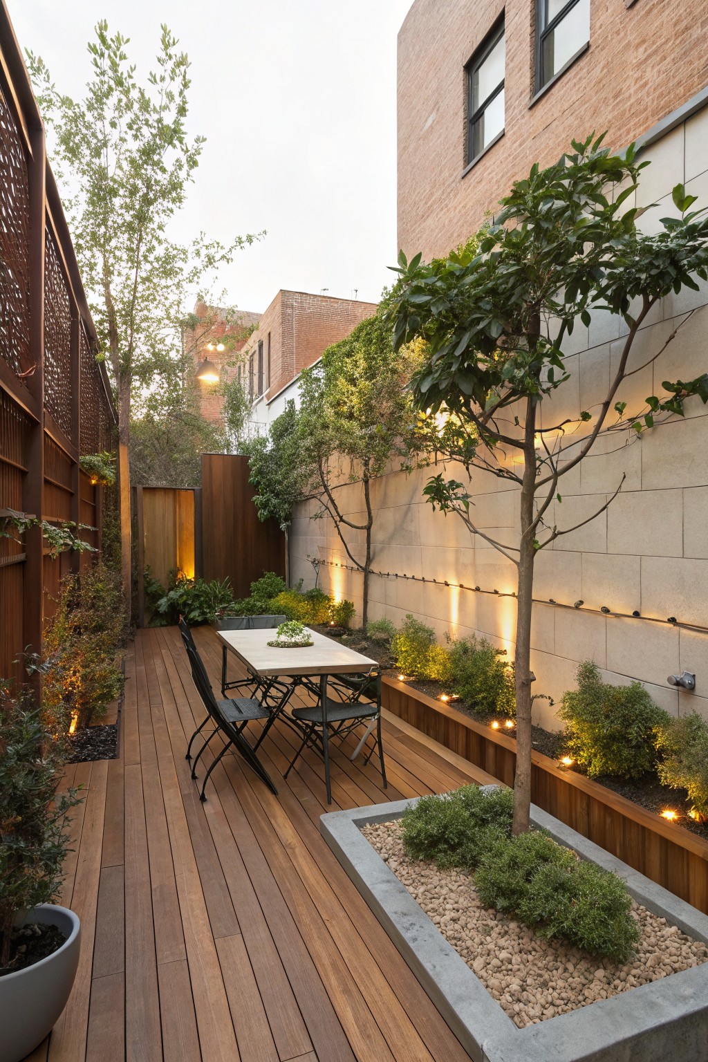A narrow wooden deck with a dining table and chairs, lined with tall trees in raised planters against a light-colored wall with string lights.