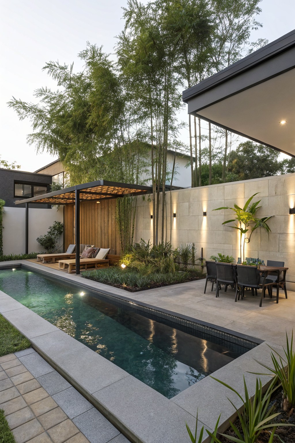 A narrow backyard pool with lounge seating under a pergola, a dining area, and tall bamboo growing against a light stone wall.