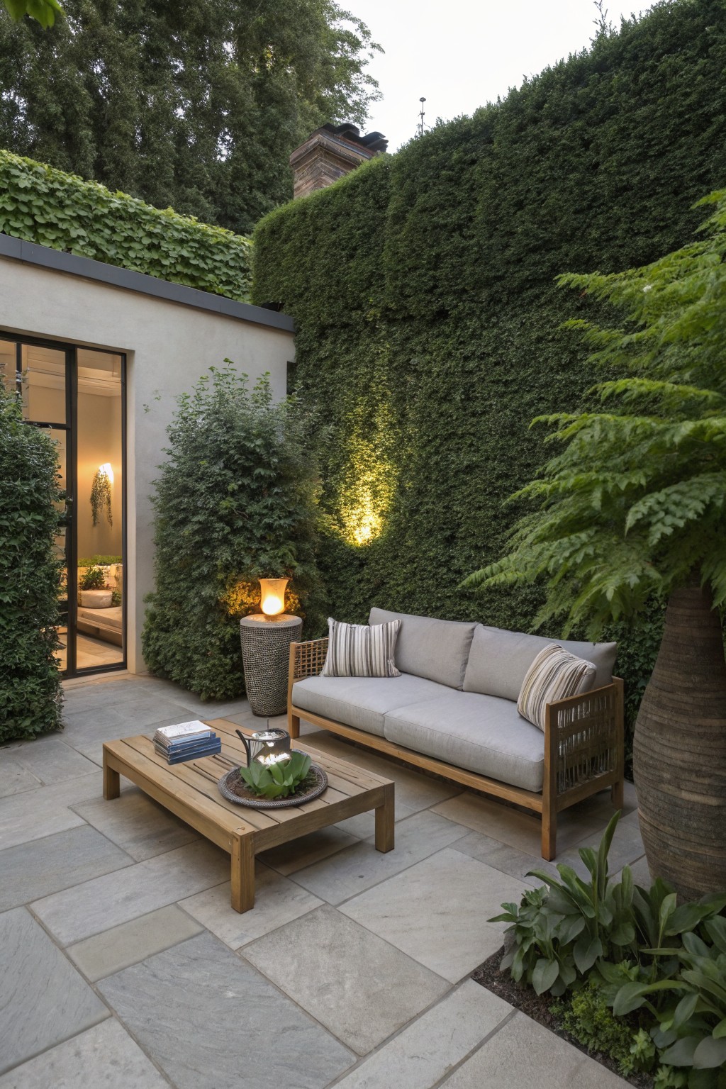 A wooden sofa with gray cushions and striped pillows sits on a paved patio beside a tall dense hedge wall, with a low wooden coffee table in front.