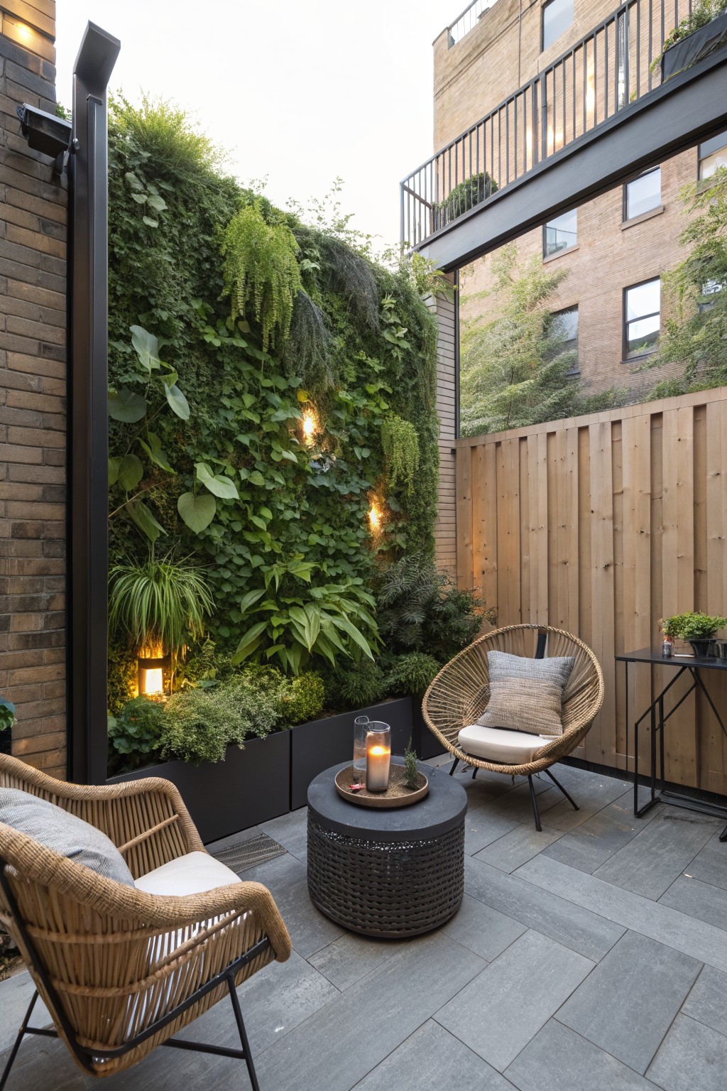 Modern patio with wicker chairs, candlelit table, and lush living wall.