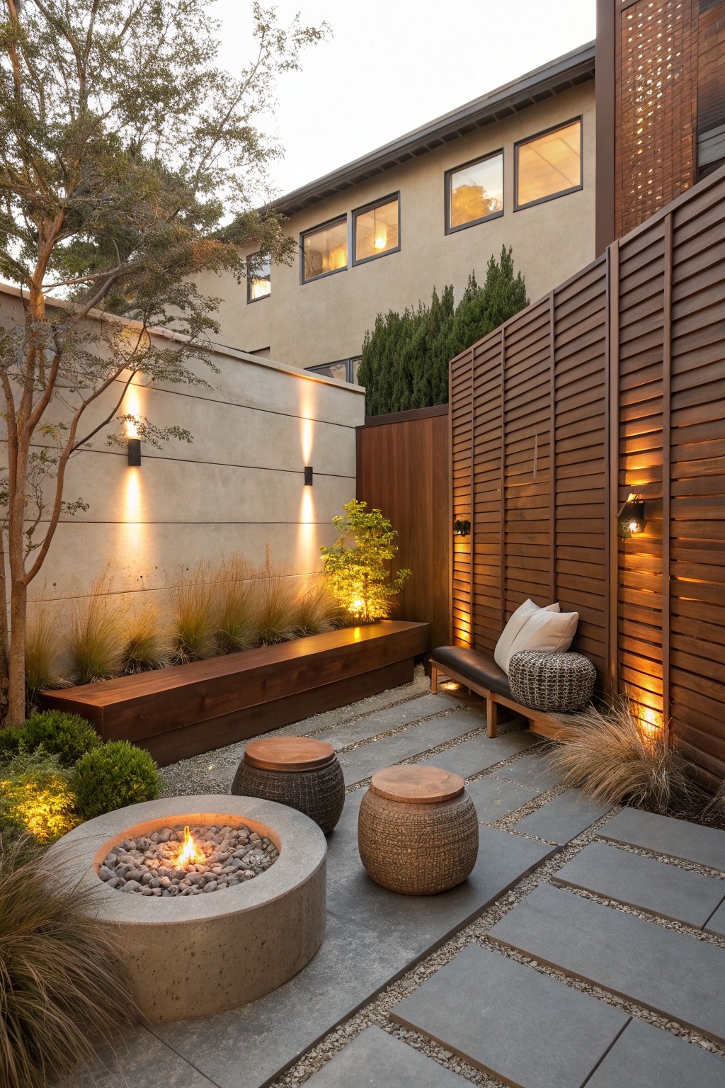 A compact backyard patio featuring a concrete fire pit on stone pavers, a wooden bench against a tall vertical slat wood screen, and surrounding plants and trees.