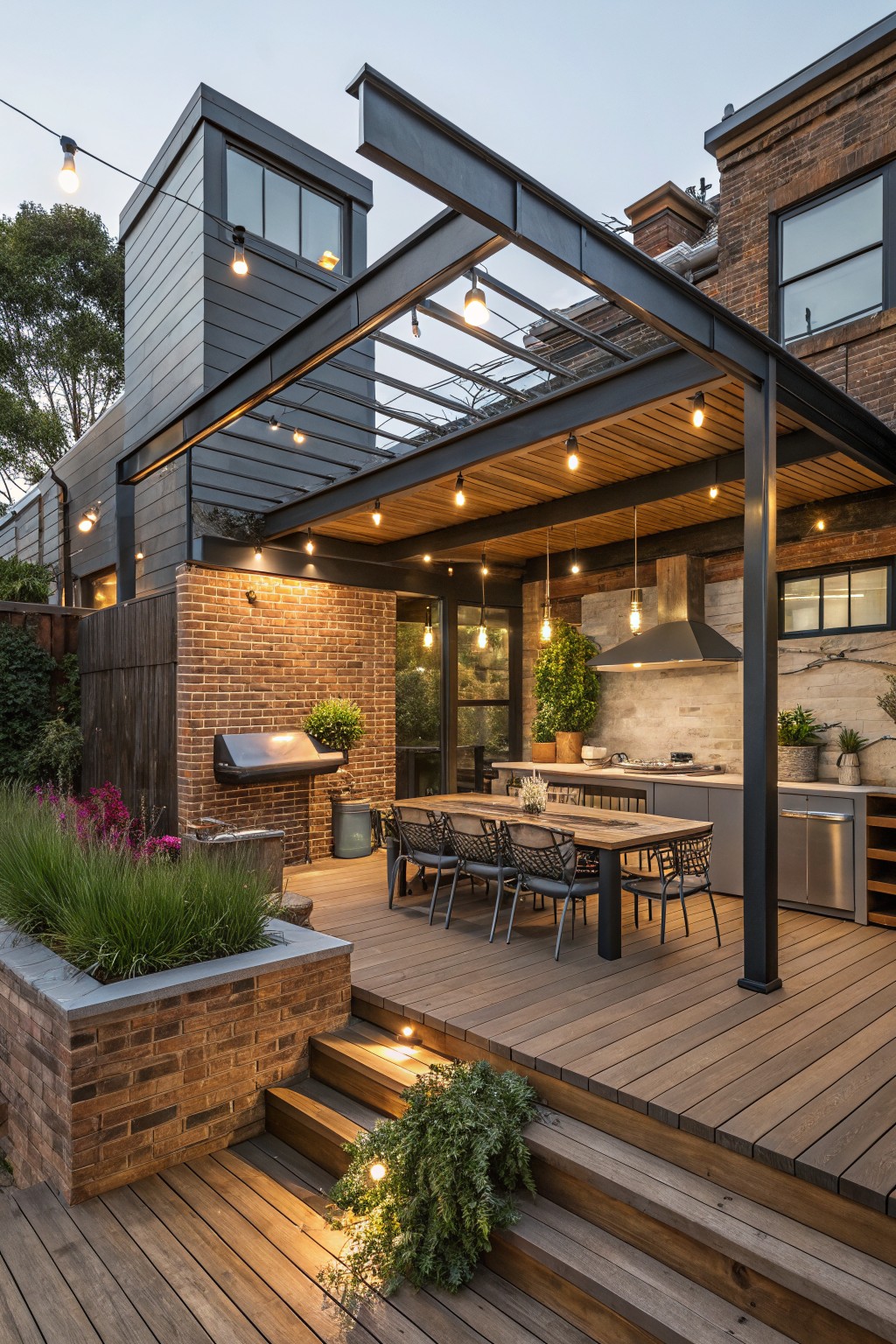 Wooden multi-level deck with stairs, outdoor dining table, covered kitchen area, and built-in grill against a brick wall.