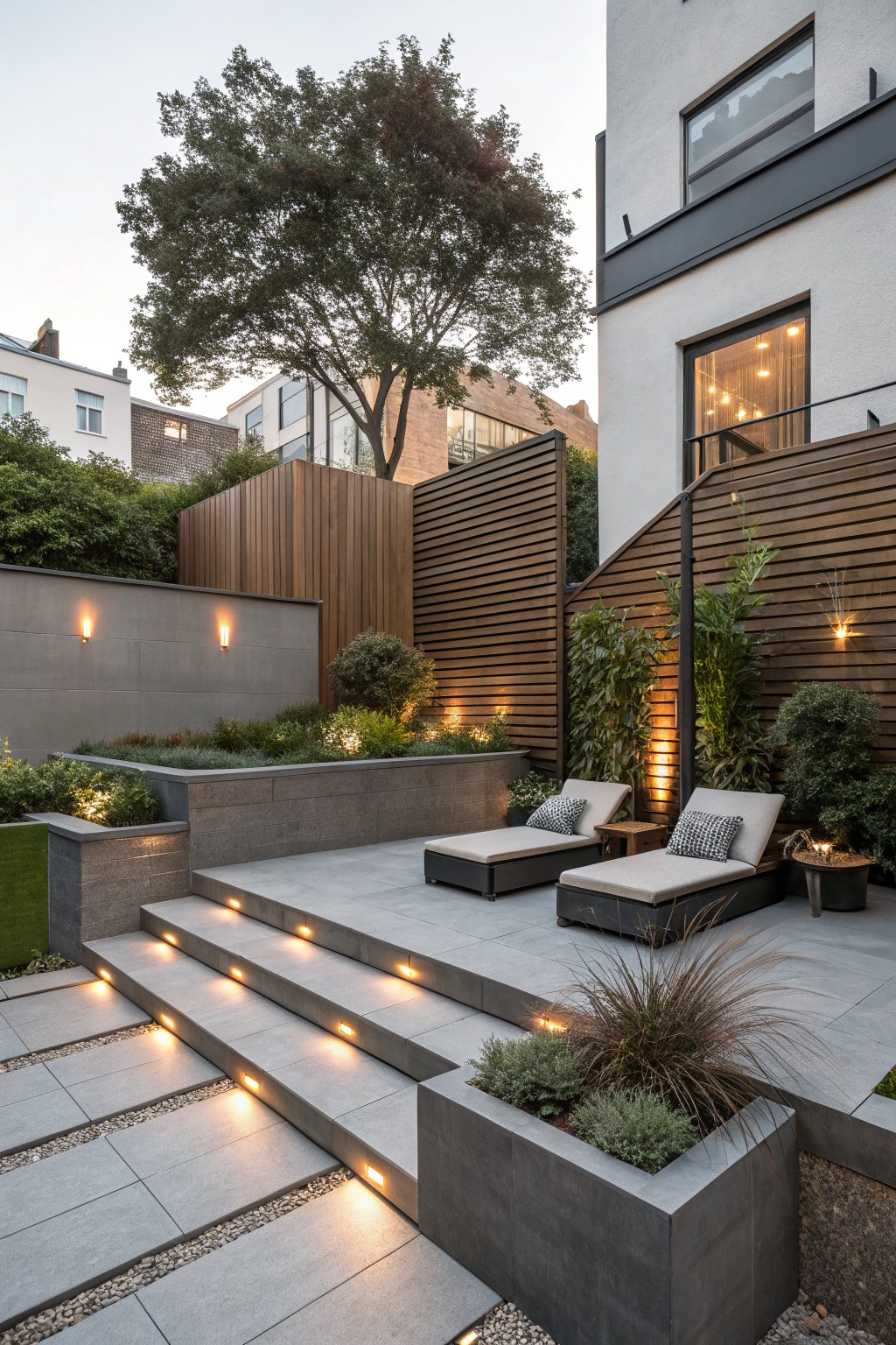 A modern backyard on a slope with wide concrete steps featuring built-in lights, leading to a patio with two lounge chairs and wooden privacy screens.