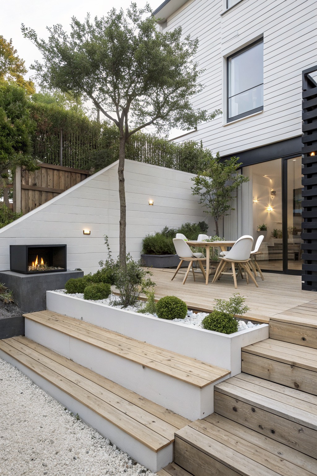 Modern backyard patio with wooden deck, dining set, fireplace, and stairs