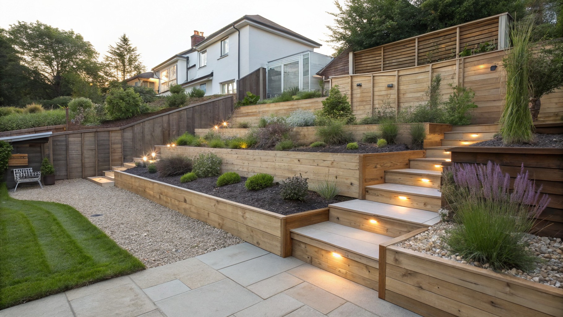 A backyard slope transformed with multiple tiers of wooden retaining walls, steps, and planted beds next to a modern house.